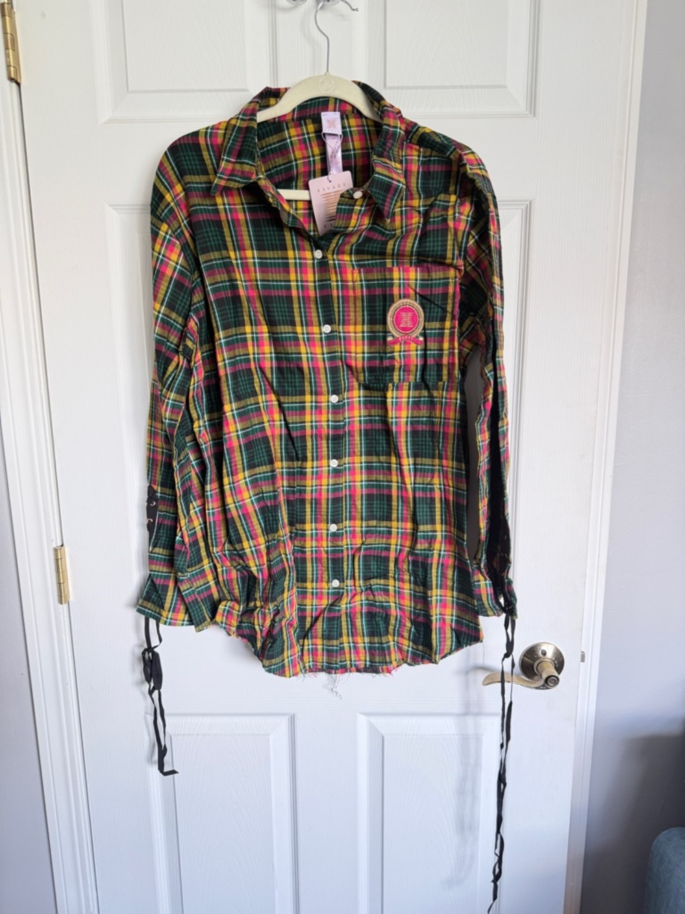 Savage X Fenty Green, Yellow and Pink Plaid Shirt